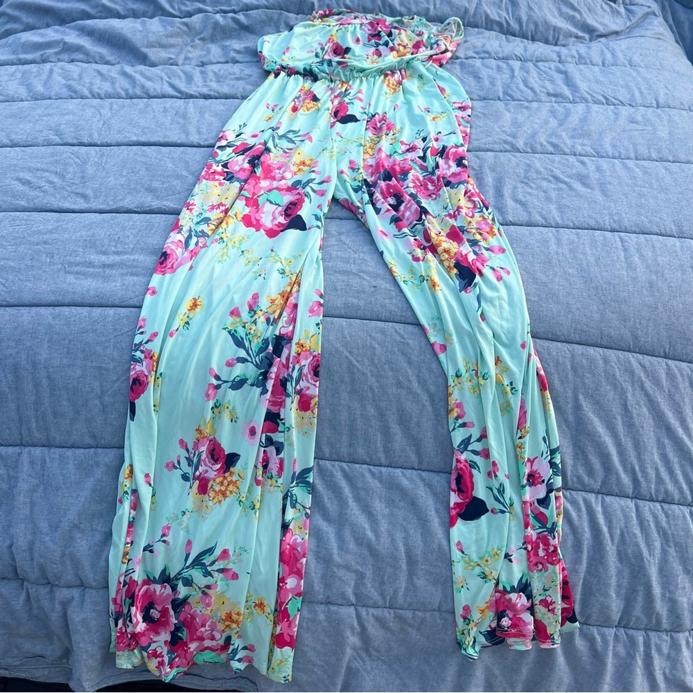 Beeson River Aqua and Floral Sleeveless One Piece Jumpsuit Size Medium